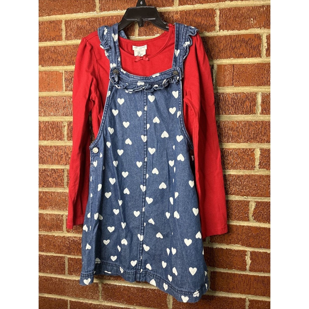 Max Studio Girls Jumper Dress Set Chambray Hearts Red 8